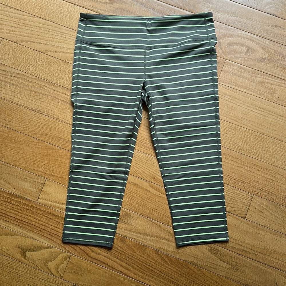 Athleta mid-calf athletic pant, olive/lime stripe, sz L